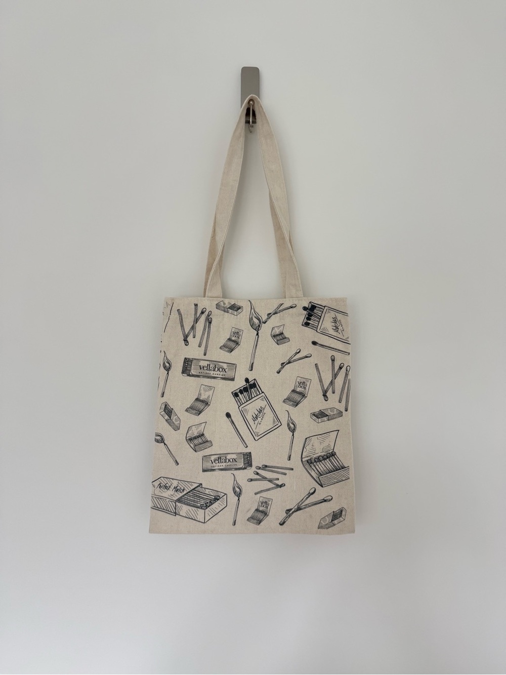 Canvas Tote Bag with Matchbox Print - Beige